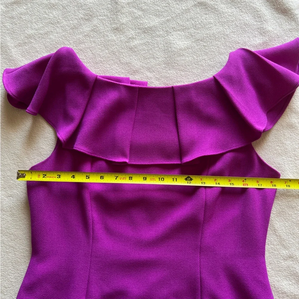 Antonio Melani Tailored Sheath Dress Size 10 Purple Ruffle Off-Shoulder - Picture 14 of 15